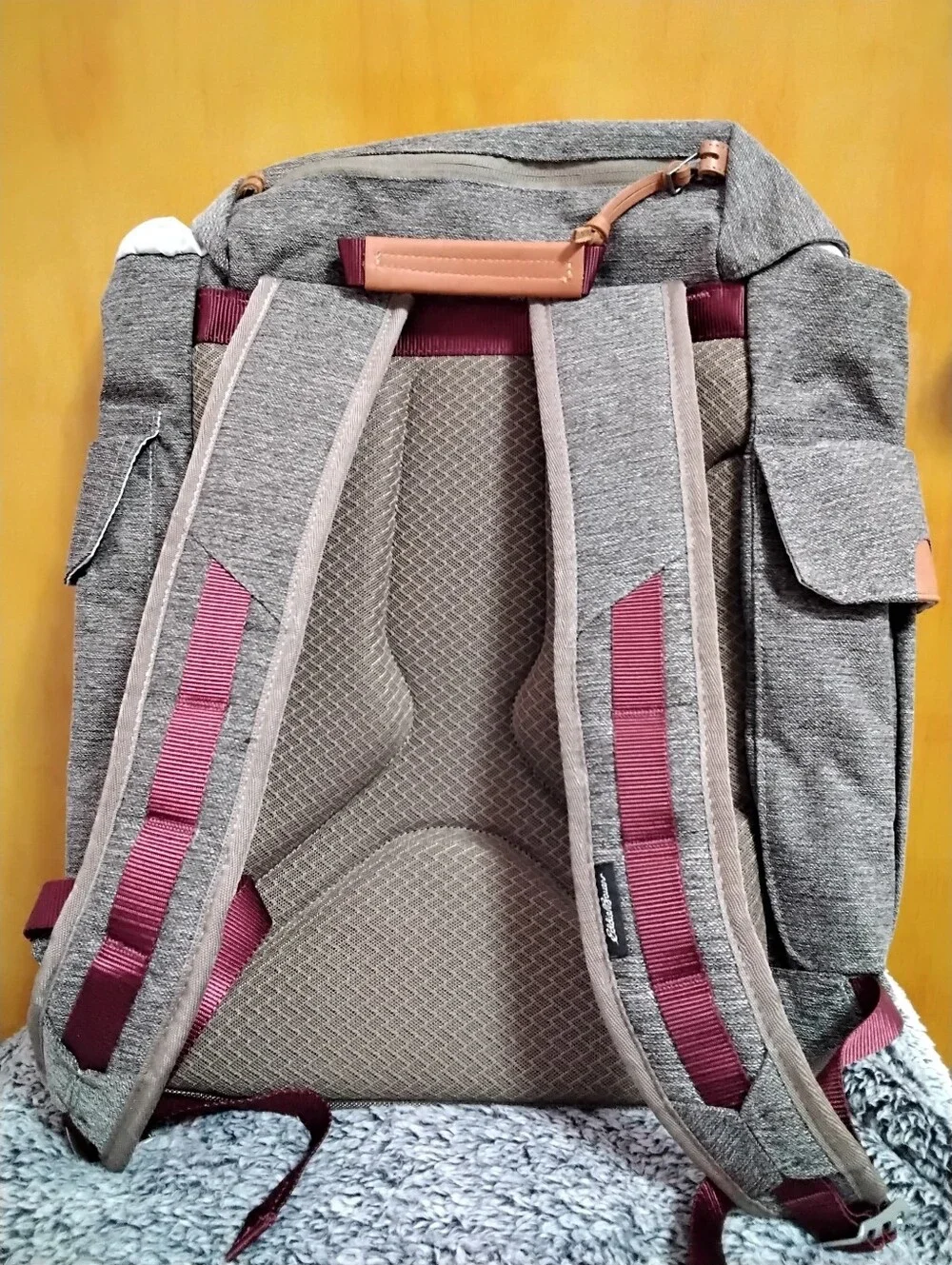 Eddie Bauer Heather Gray Backpack with Burgundy Straps